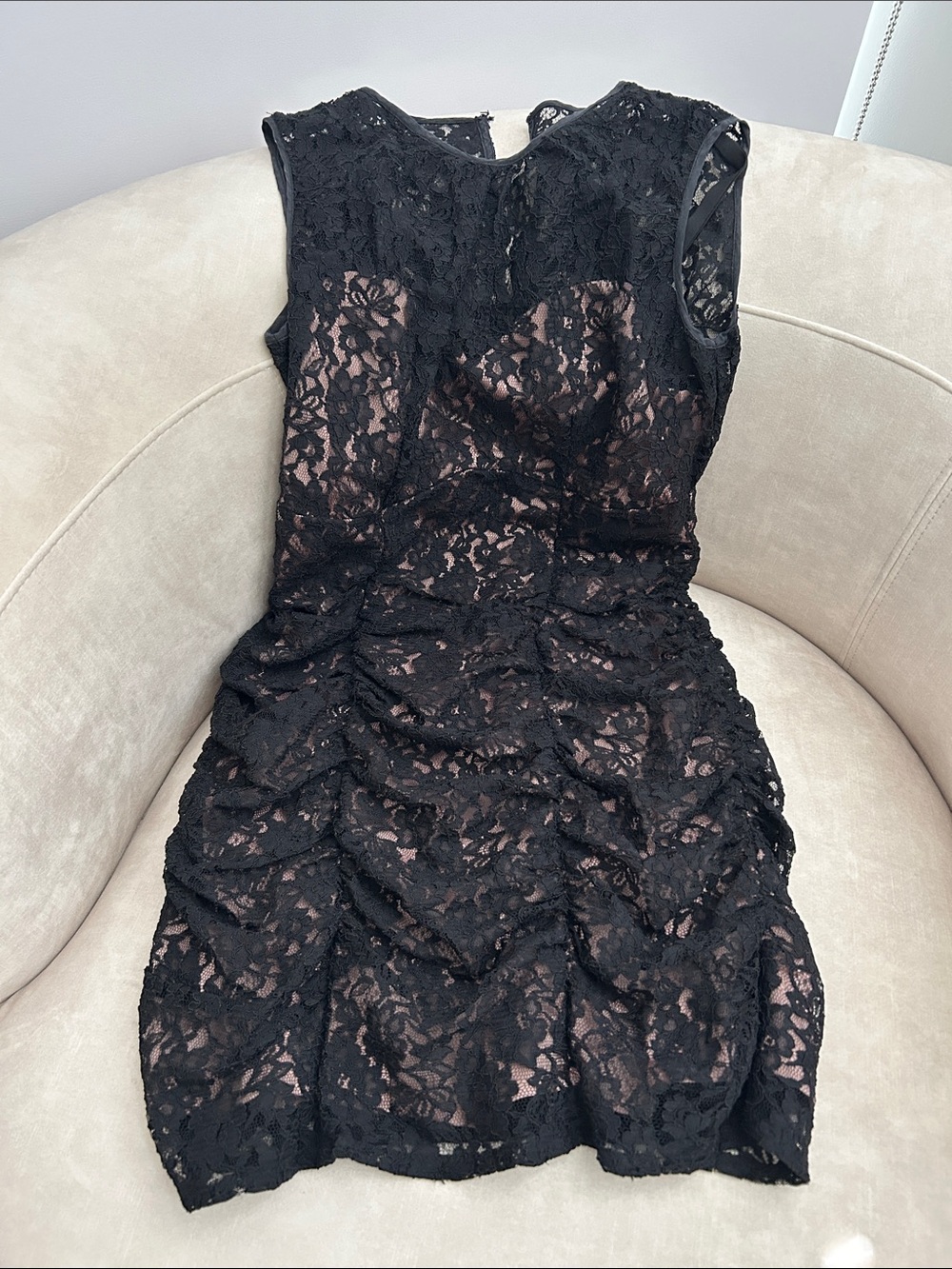 Sleeveless Black Lace Sheath Dress with Nude Underlay